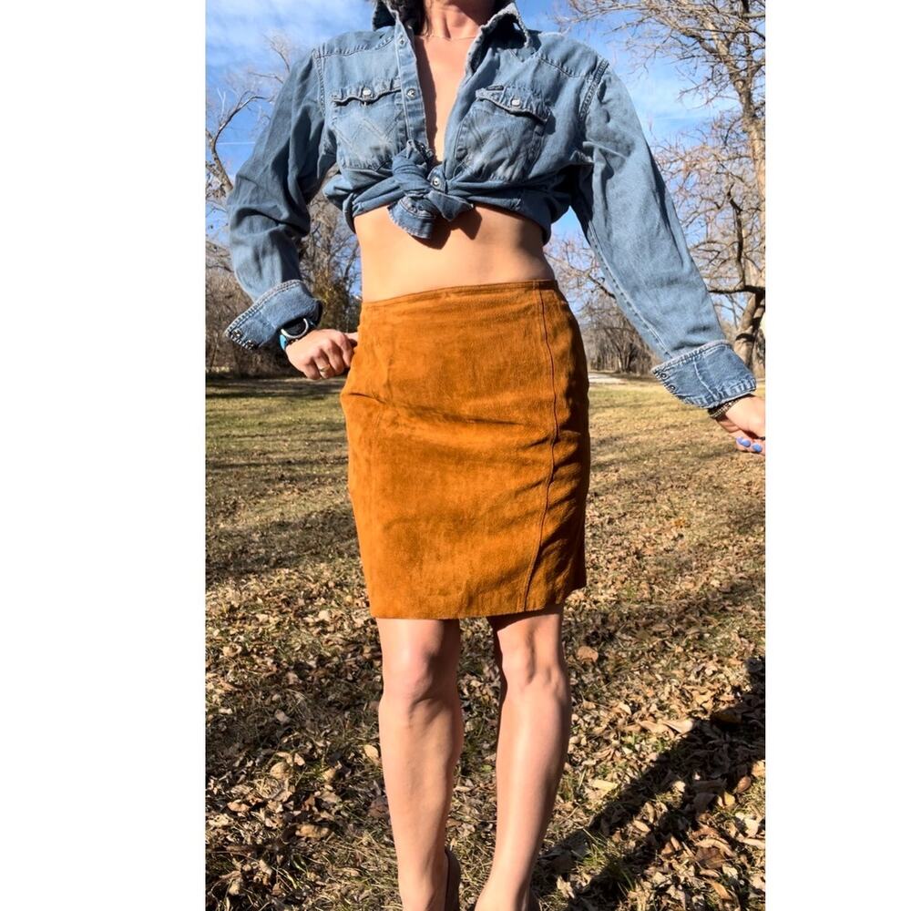 Vintage Brandon Thomas Caramel Brown Suede Leather Pencil Skirt Size 15